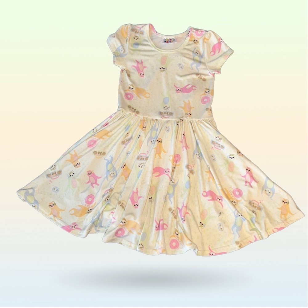 Dot Dot Smile DDS Cap-Sleeve Twirl Dress-Sloth Boombox Print- Size 5/6